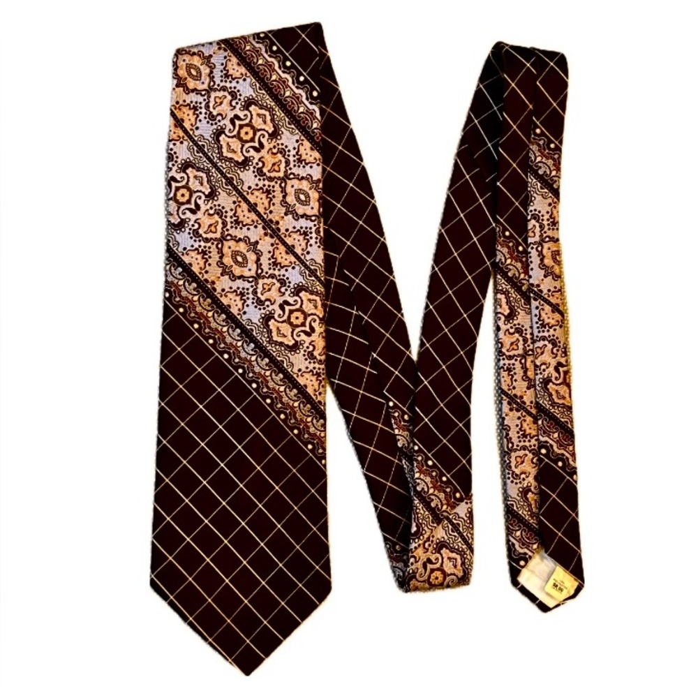 Vintage 70s wide tie, polyester, window pane paisley pattern, brown